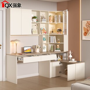 奶油风书桌书架床头柜一体卧室家用学习办公桌转角书柜电脑桌L55