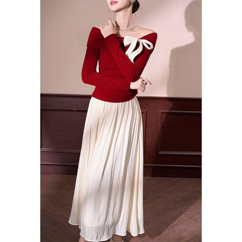 韩语琳红色短款一字肩针织衫女2025新款春秋冬款法式修身显瘦上衣