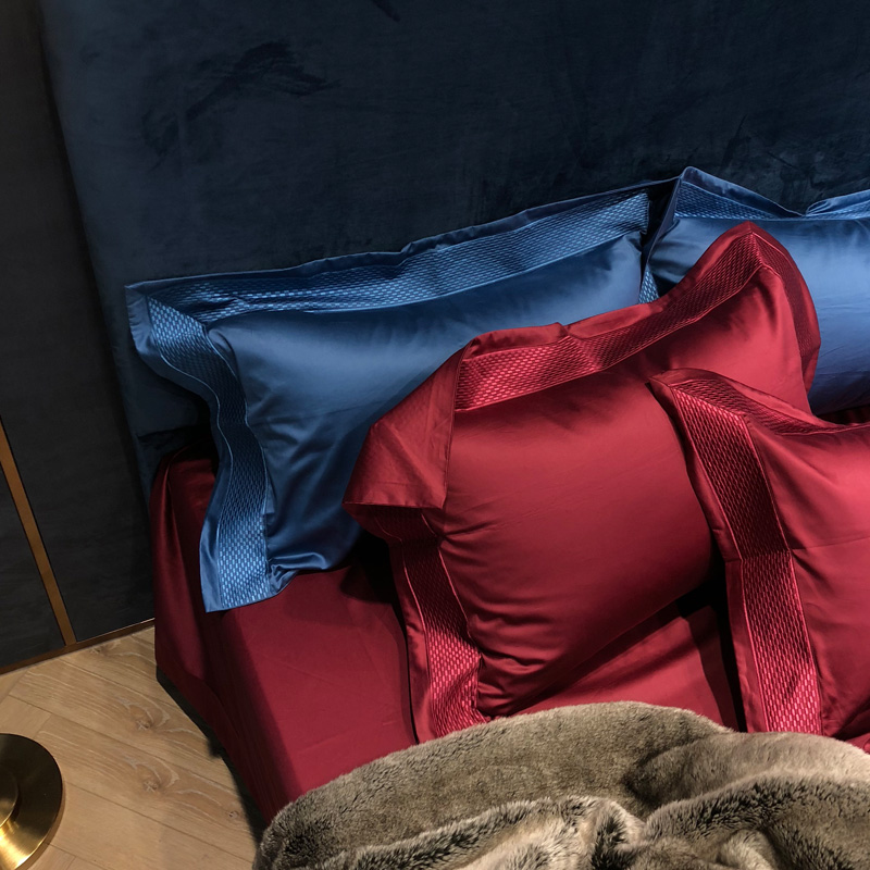 轻奢风简约酒红色100支双股全棉四件套酒店风六件套结婚喜庆被套