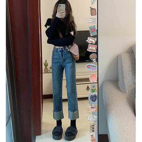 小个子卷边九分牛仔裤女秋季新款胖妹妹mm复古蓝高腰直筒烟管裤子