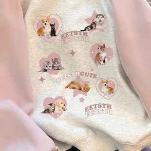 粉色插肩袖卫衣女秋冬款宽松圆领加绒加厚大码胖mm遮肚上衣藏肉潮