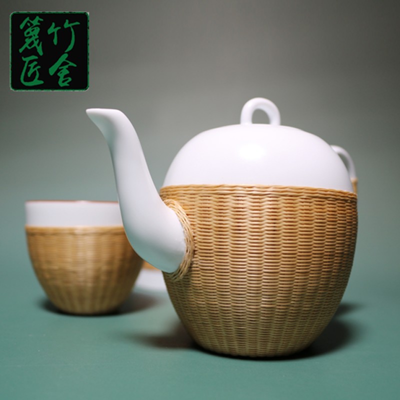 瓷胎竹编功夫茶具套装一壶二杯白瓷快客杯匠人竹丝扣瓷茶具礼品