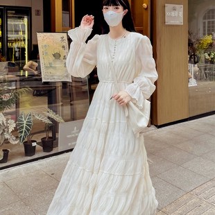 仙女法式 雪紡連衣裙夏 初戀白色公主裙收腰顯瘦壓褶度假長裙子長袖