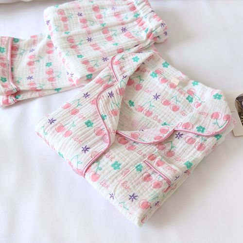 米筱米儿童春秋薄款纯棉纱布泡泡棉纱女童樱桃睡衣夏季空调家居服