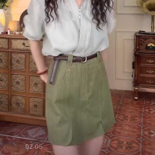 温敏er港风复古绿色a字半身裙女款夏季高腰显瘦休闲气质短裙裤子