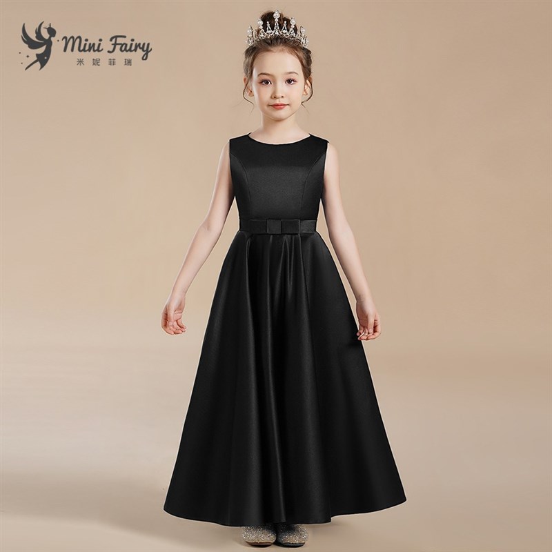 儿童黑色钢琴演出服学生管弦乐团演奏礼服高端缎面小提琴比赛长裙