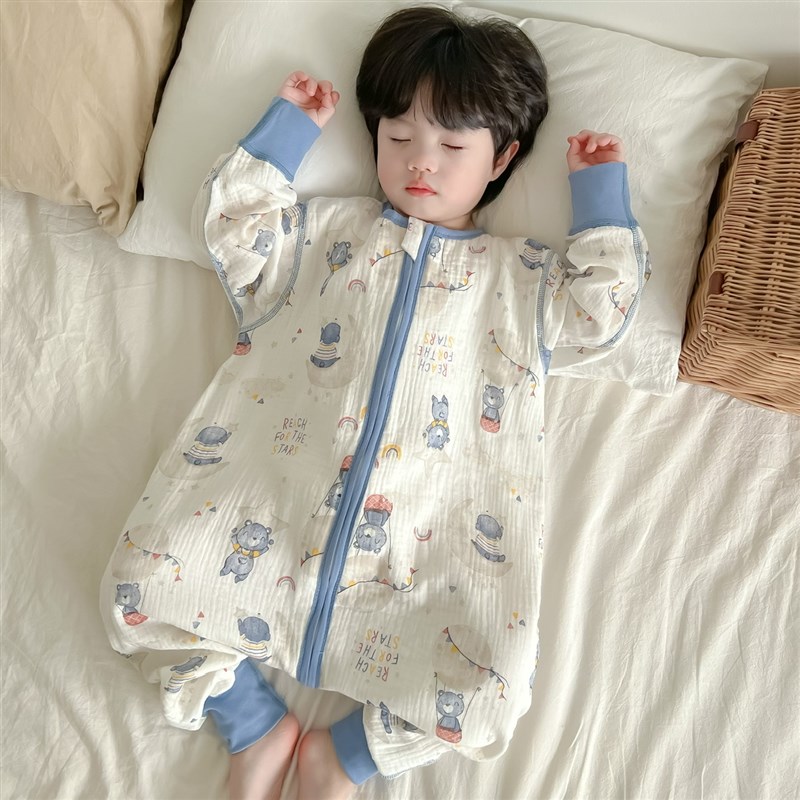 男宝恐龙睡袋春夏薄款纯棉无骨连体衣女宝纱布长袖长裤护肚空调服