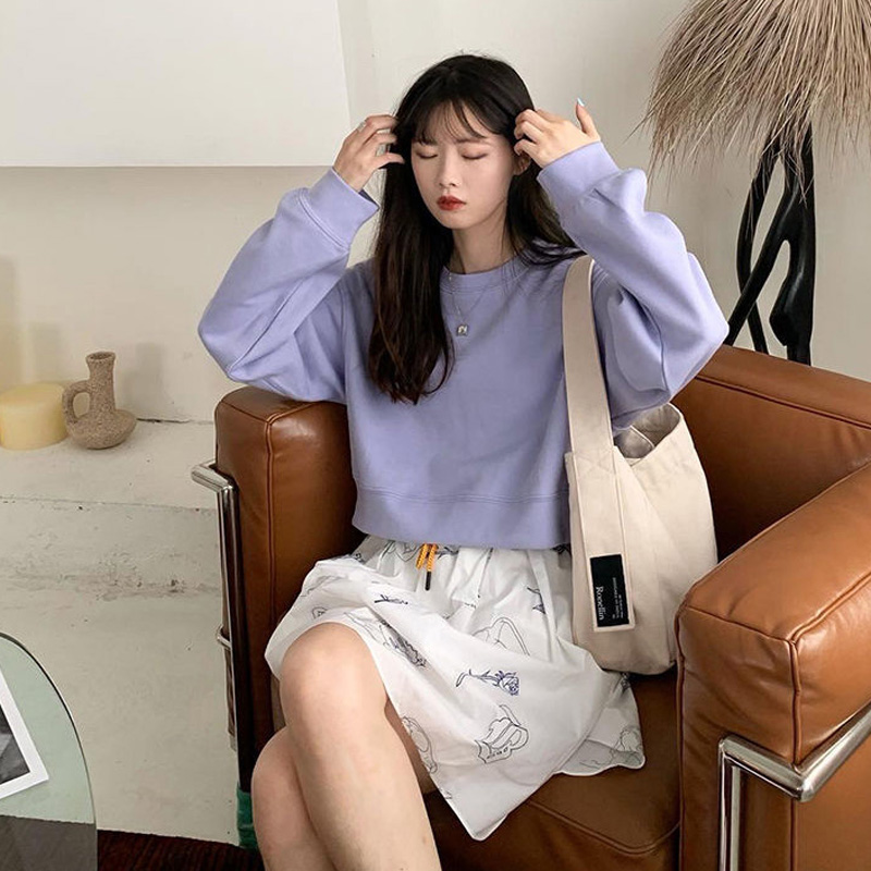 百思朵2021秋装奶油紫色卫衣仙女淡紫色上衣雾霾紫高腰显瘦短外套