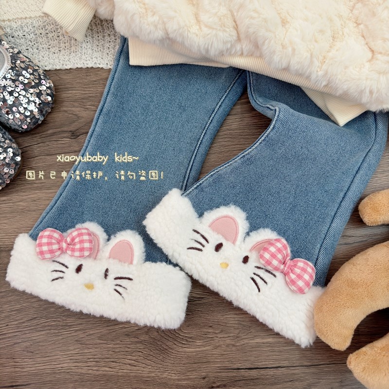 【秋冬新款】2024女童冬款可爱KT毛毛卫衣牛仔裤套装女宝加绒加厚