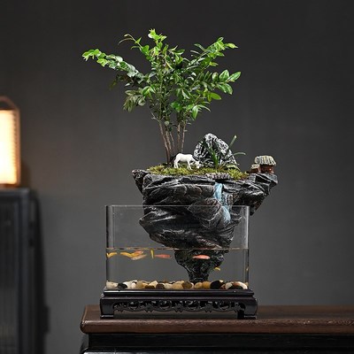 绿植微景观紫檀假山鱼缸盆造景流水摆件循环水客厅办公室桌面礼品