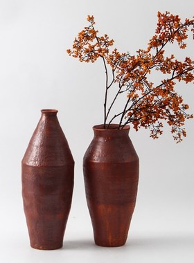 景德镇复古做旧新中式锈红色陶瓷花器花瓶摆件样板间酒店玄关装饰