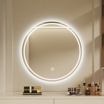 化妆镜壁挂2024新款装饰主卧梳妆镜挂墙式led带灯圆形梳妆台镜子
