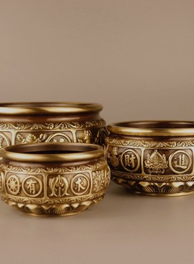 纯铜有求必应聚宝盆莲花底八宝图聚宝盆铜器工艺品家居装饰品摆件