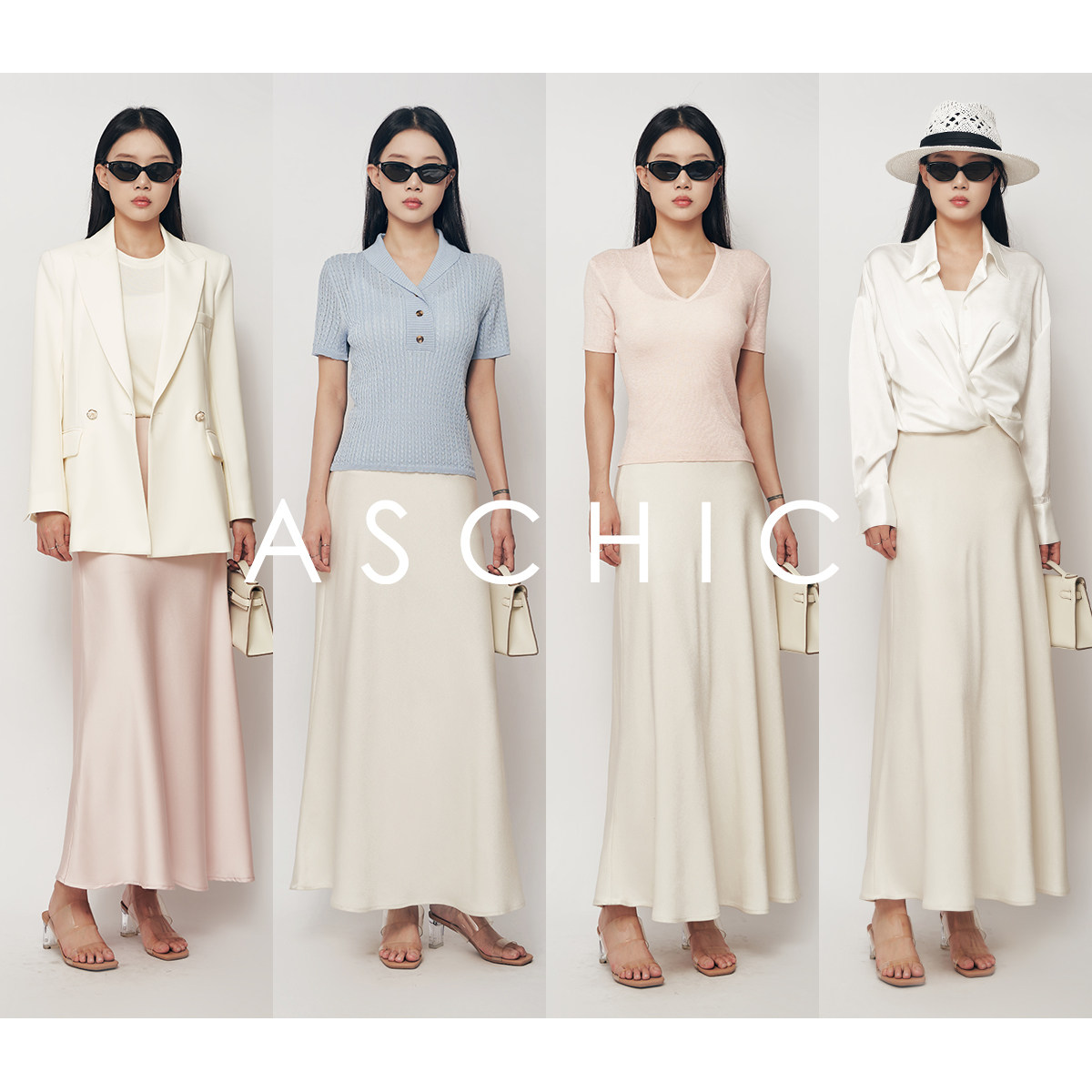 As chicss “白月光”凉感乱麻面 法式45°斜裁鱼尾长半裙ASQ1454