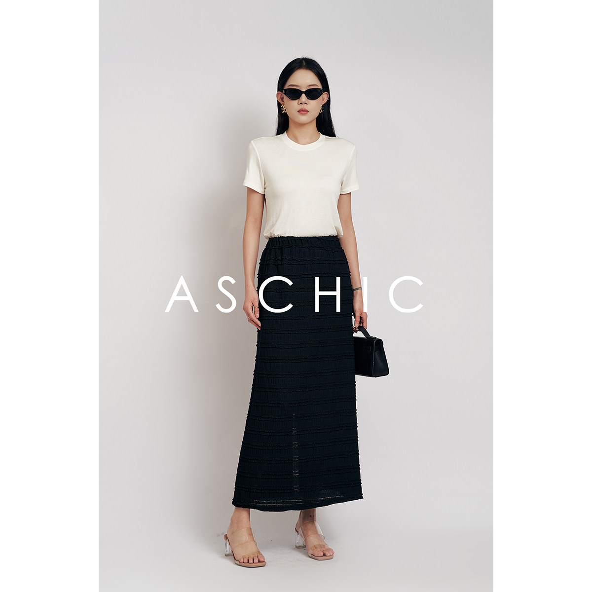 ASchicSS“经典黑白” 蕾丝边皱皱肌理高弹显瘦直筒半裙ASQ2138 - 实物图