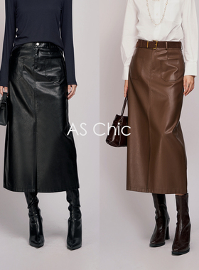 AS chicAW pu前双口袋工挺感高腰设计半身裙ASQ1656