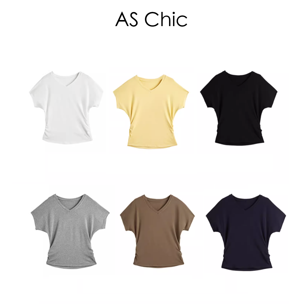 AS Chic25SS设计款V领百搭基础款宽松版正肩短袖大t恤女式连袖蝙
