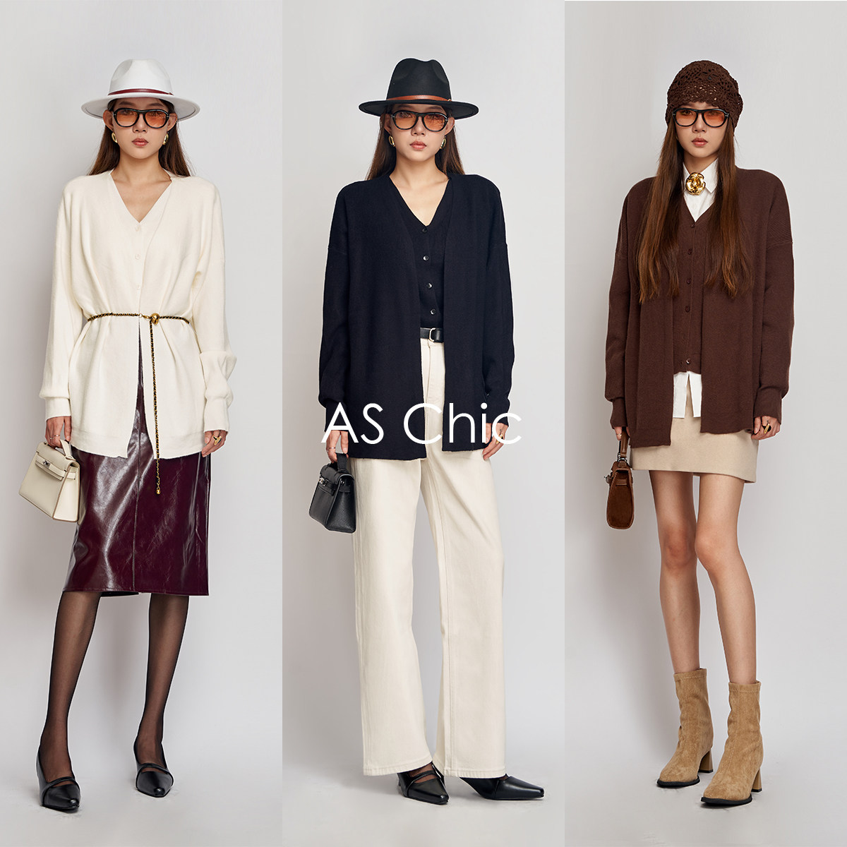 AS chicAW Row风V领背心针织开衫马甲套装宽松毛衣外套ASZ1650