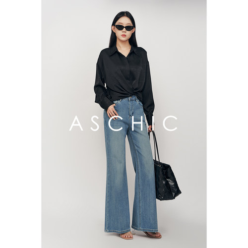 As chicSS“超模裤”240G新疆棉四面弹直筒微喇阔腿牛仔裤ASK2126