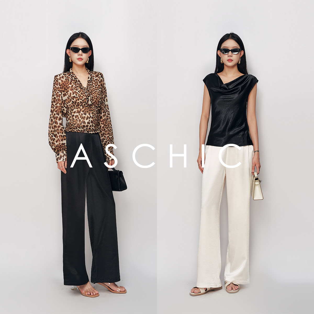 AS chicSS高奢腰封缎面醋酸高腰阔腿裤垂感黑白色女长裤ASK2135