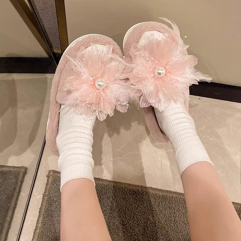 好货晨袍拖鞋女白色羽毛婚鞋新娘结婚花朵秀禾伴娘鞋秋冬外穿毛毛