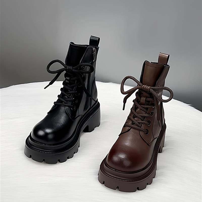 新品真皮厚底马丁靴女2025