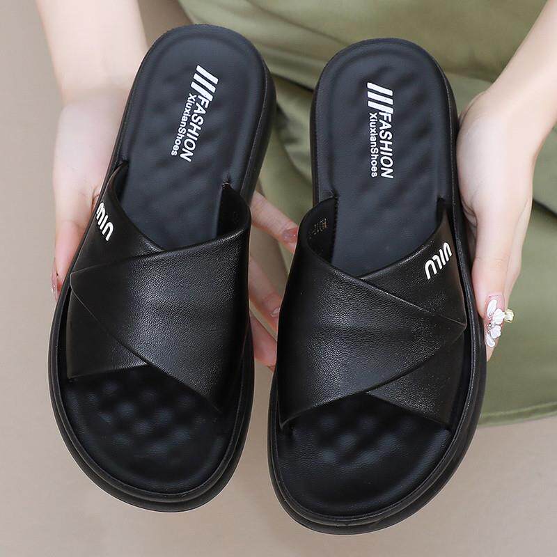 极速拖鞋女软底外穿2026夏季厚底妈妈凉拖交叉坡跟全黑一字拖女防