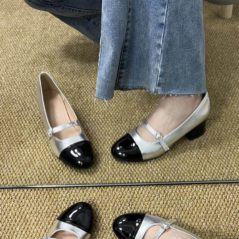 极速粗跟单鞋女2026新款春秋圆头中高跟浅口法式银色小香风玛丽珍