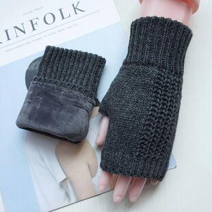 秋冬新品女士羊毛半指加绒加厚保暖开车触屏露指手套学生写字