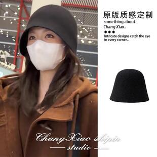 李兰迪同款帽子女黑色毛呢渔夫帽纯色钟形百搭保暖水桶帽显脸小