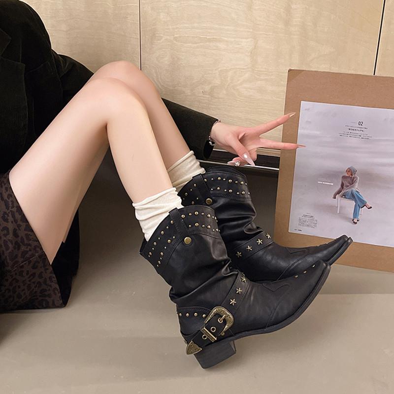 好货复古西部牛仔短靴女2026春季新款方头粗跟铆钉V口显瘦黑色骑