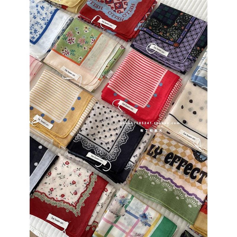 亲肤柔软棉麻透气护颈小方巾波点腰果花头巾出口韩单领巾丝巾女士