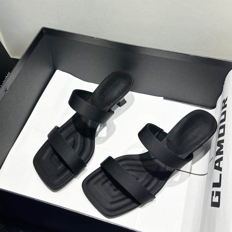 极速法式绸缎面方头一字拖细跟高跟鞋露趾方头外穿拖鞋低跟露趾凉