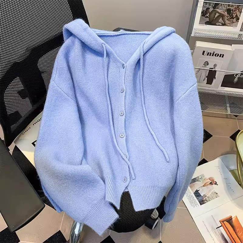 新品白色针织开衫女秋冬连帽卫衣慵懒风宽松休闲百搭显瘦软糯毛衣