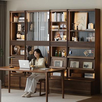 星罗满墙卡座书柜一体整墙客厅北美黑胡桃实木书架落地组合展示柜