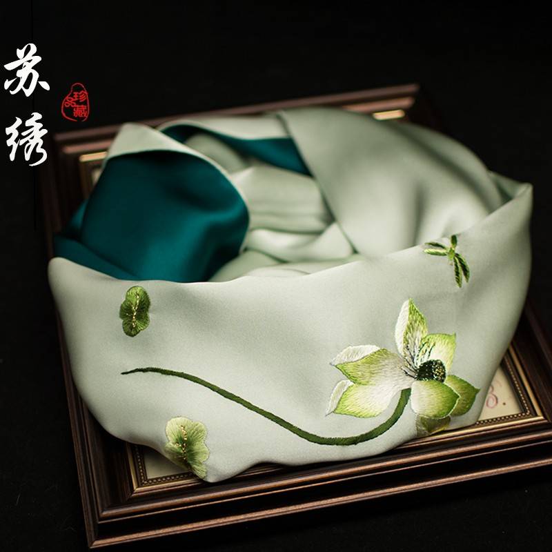 苏绣刺绣真丝围巾高档桑蚕丝丝巾民族风丝绸绣花礼品百搭送妈妈