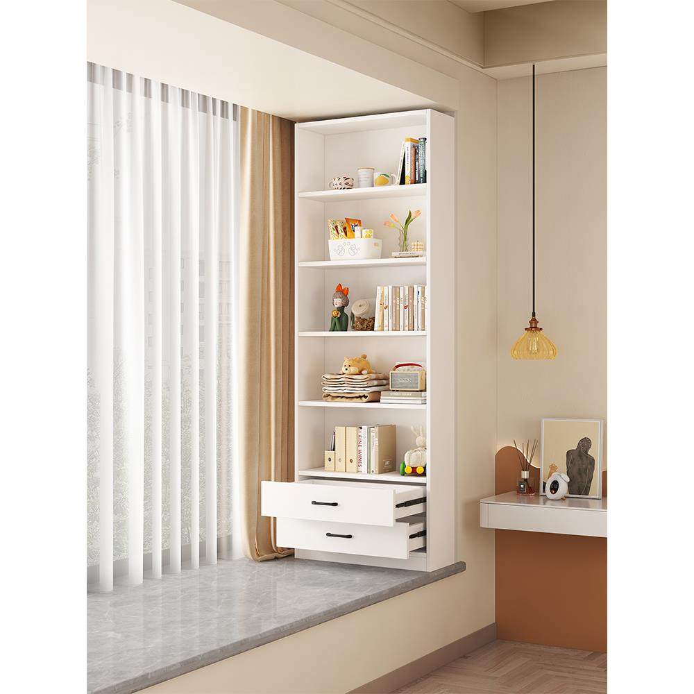 实木书架落地多层靠墙抽屉现代简单一体机家庭书柜凸窗柜储物架