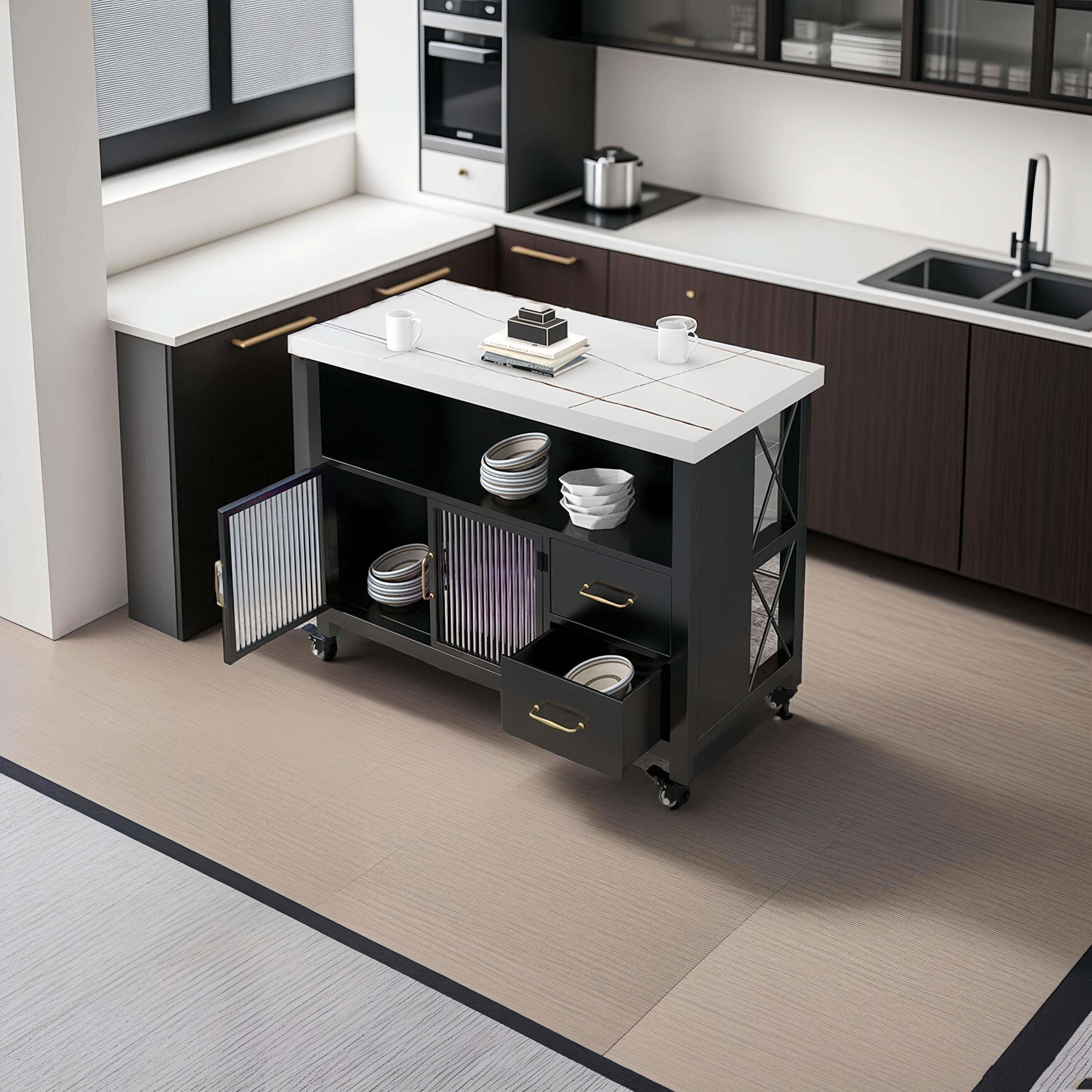 厨房餐边柜岩板料理台中岛台收纳置物桌操作台铁艺家用移动备餐桌