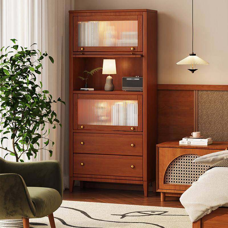 实木书柜防尘玻璃上翻门书架置物架家用客厅落地多层餐边柜收纳柜