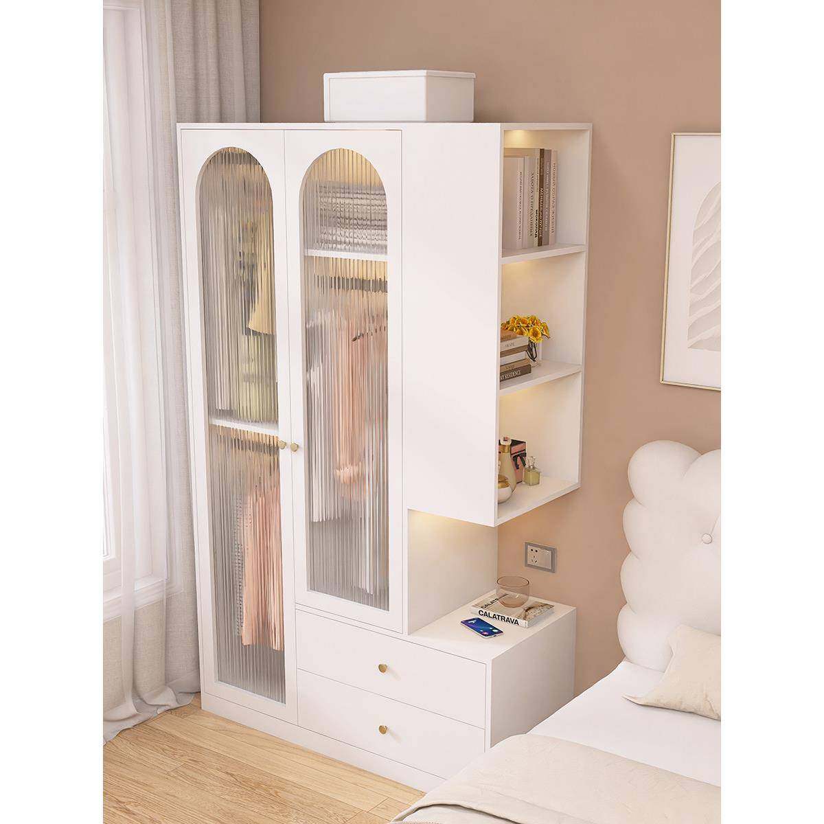 床边小衣柜家用卧室床头柜衣柜一体玻璃门全挂小户型单人储物衣橱