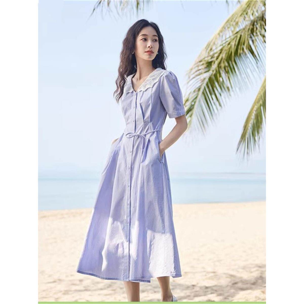 品牌剪标法式文艺连衣裙女2026年夏季新款镂空娃娃领收腰a字裙子