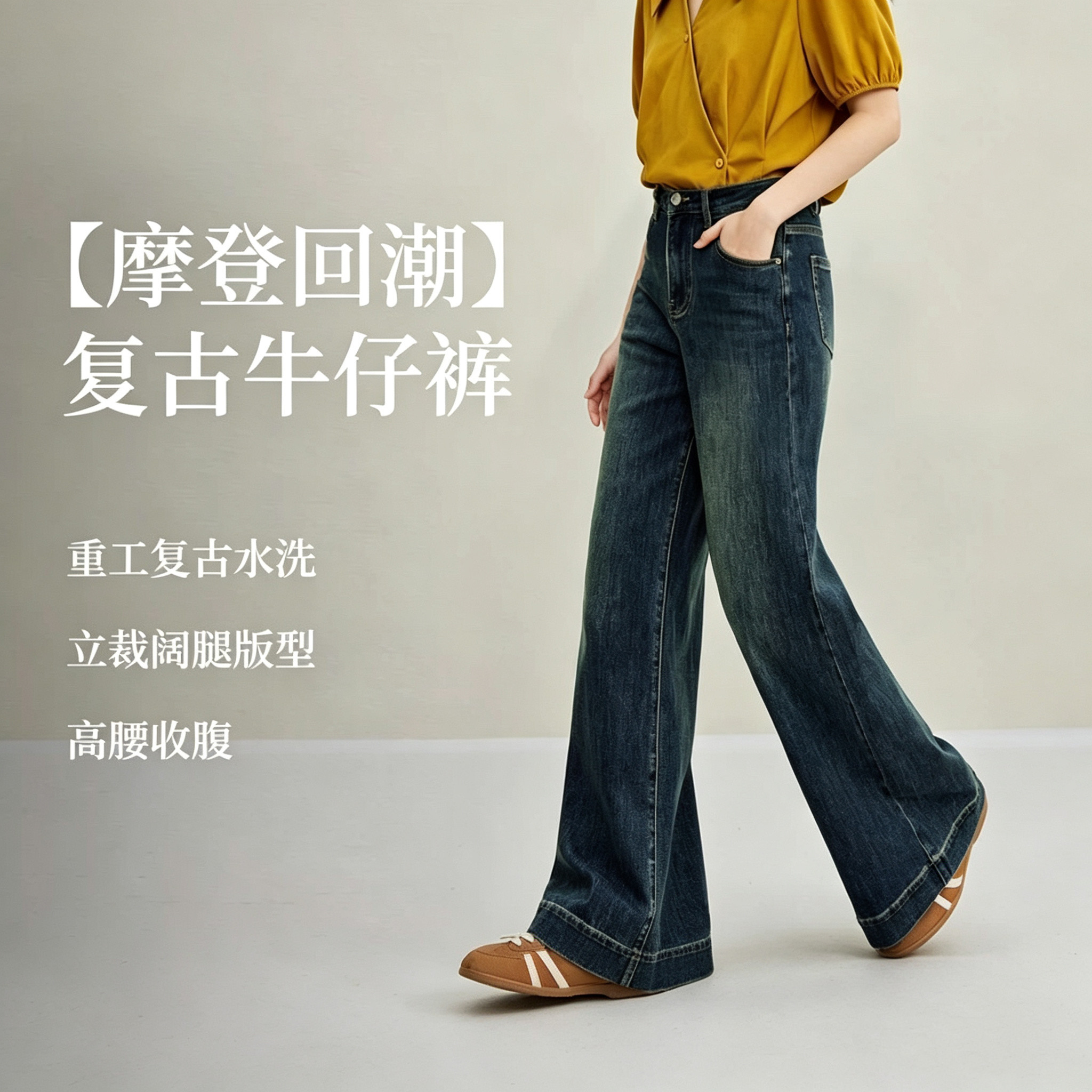 品牌剪标复古磨白阔腿牛仔裤女2026秋季新款休闲高腰宽松直筒裤子