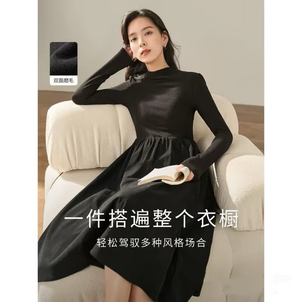 品牌剪标拼接连衣裙女202冬6新款半高领长袖打底衫显瘦a字连身裙