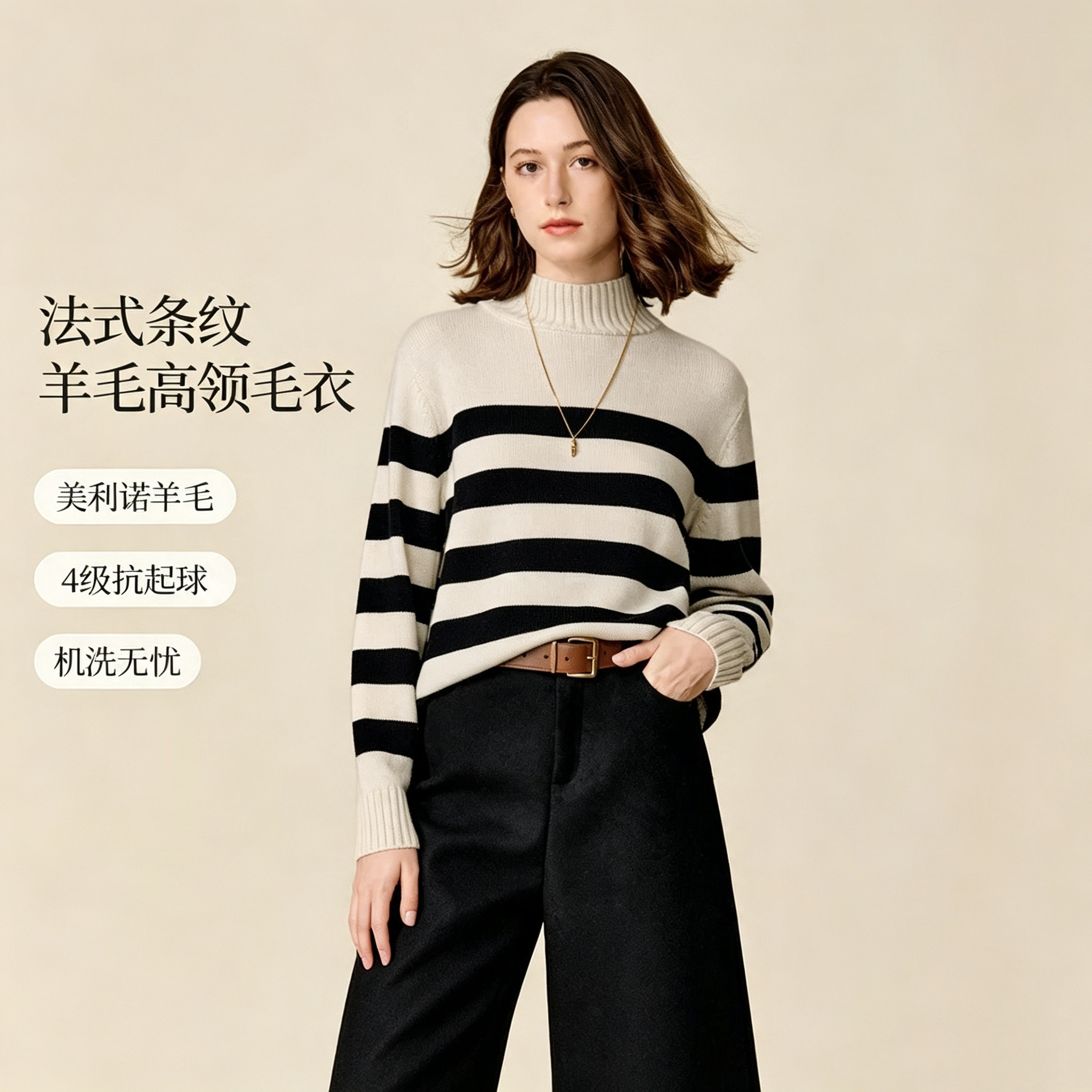 品牌剪标澳毛绒条纹高领羊毛衫女2026冬季新款针织毛衣打底衫上衣