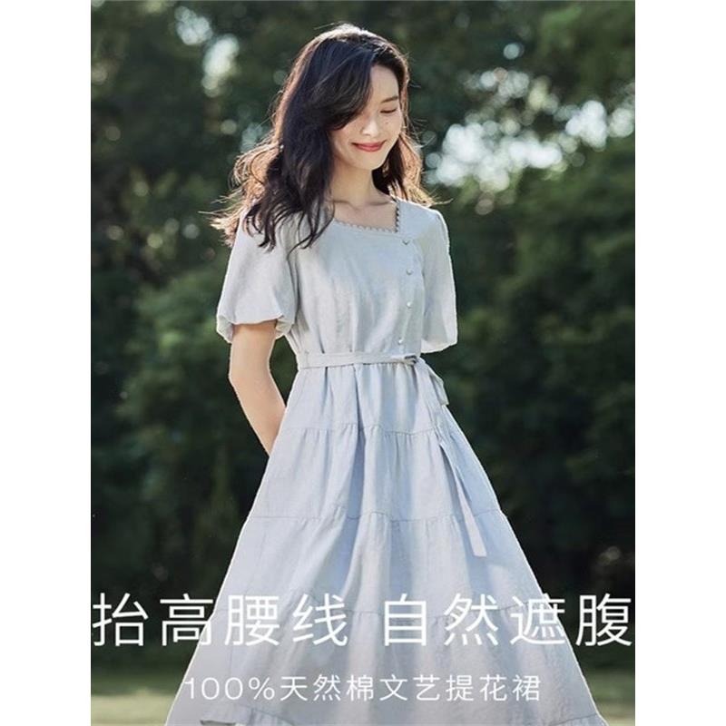 品牌剪标法式方领短袖连衣裙女士2026夏季新款纯棉收腰裙子小个子