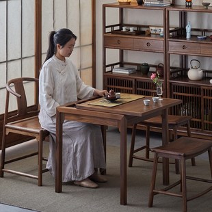 美学阳台茶桌椅组合黑胡桃新中式 璞木宋式 小型岩板推拉方桌泡茶台