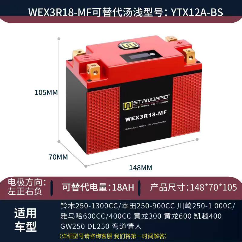 美国W摩托车电瓶铃木250雅马哈400川崎250春风黄龙600大容量原装