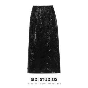 半身裙女秋冬丝绒新中式半裙琥珀流光休闲直筒裙显瘦长裙气质裙子