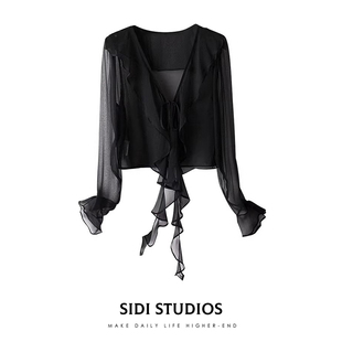 雪纺上衣女春乔其纱开衫沙滩海边度假配吊带荷叶边防晒外搭外套