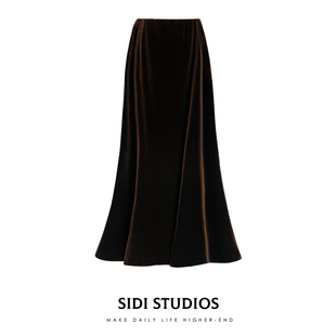 丝绒半身裙女秋冬季高腰半裙长款修身法式鱼尾裙松紧腰新款裙子